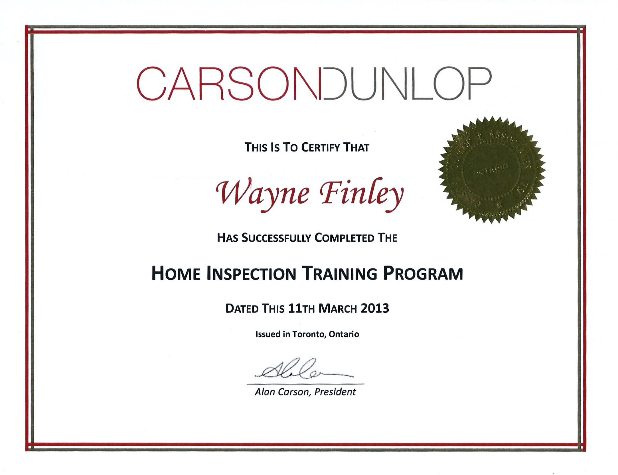 Home Inspector Certification from CarsonDunlap